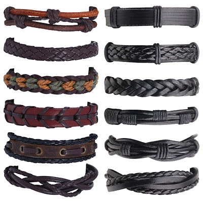 12pcs Mens Retro Multi-layer Braided Leather Cuff Wrap Bracelet Set Adjustable - Image 1 of 4