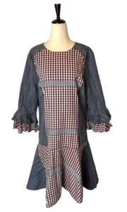 Badgley Mischka Dress Women 14 Blue Red Stripe Plaid Day Dress Mini Prairiecore - Picture 1 of 12