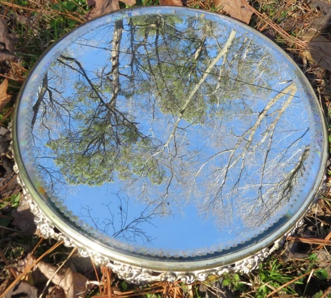 Ornate Victorian Antique Silver Footed Plateau Beveled Mirror Vanity Tray 12” Cover