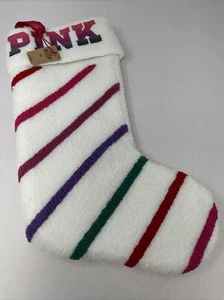 VICTORIA SECRET PINK CHRISTMAS STOCKING - WHITE SHERPA WITH MULTI-COLOR - NEW - Picture 1 of 4