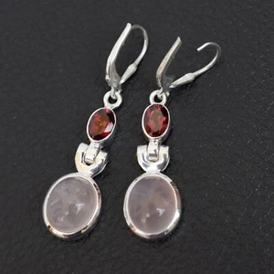 Natural Pink Rose quartz & Garnet Earring 925 Sterling Silver Multi Stone-E014 - Picture 1 of 3