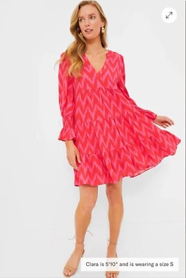 Tuckernuck Pomander Place Sz XS Kenzo Crepe Ikat Dress Pink Party Tiered V Neck - Image 1 of 4