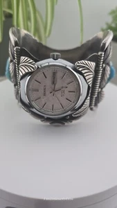 Brazalete reloj pulsera vintage navajo nativo americano gema azul esterlina turquesa - Imagen 1 de 24