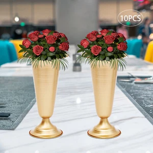 10 pezzi matrimonio tromba dorata vaso supporto fiori supporto da tavolo vaso centrotavola - Foto 1 di 12
