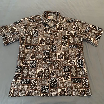 Camisa Hilo Hattie Para Hombre Grande Marrón Negro Blanco Hawaiano Aloha Pez Tortuga Estampado Foto 1 de 4