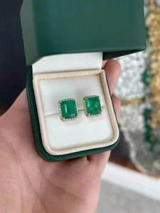 4.00 Ct Natural Green Emerald & Lab Grown Diamond Stud Earrings 14K Yellow Gold - Picture 1 of 9