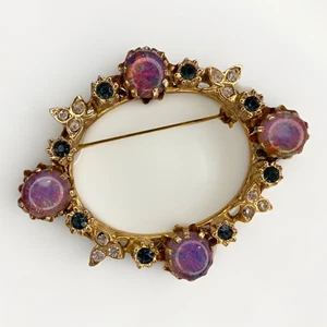 Vintage Brooch Opal & Rhinestone Gold Tone Oval Round Wreath 2” - Picture 1 of 6