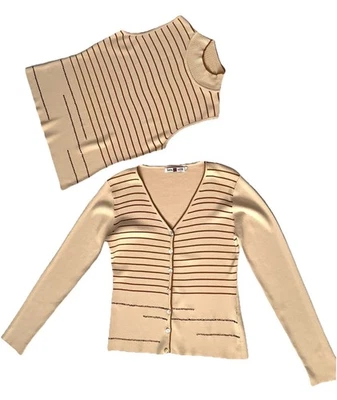 Women’s Beige Brown Striped Cardigan Sweater Set Mock Neck Tank Sz M Hong Kong - Image 1 of 4