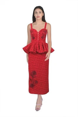 Fanm Mon Red Floral Midi Dress Women's Size Medium - Image 1 of 2