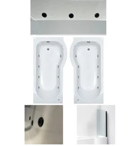 Black 8 Jet Whirlpool P Shaped Shower Bath, Panel and P Bath Screen 1700mm - Picture 1 of 4