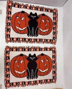 Tovagliette Halloween Vintage Gatto Nero Stelle Luna Tessuto Arazzo Jack O Lanterna Set 2 - Foto 1 di 7