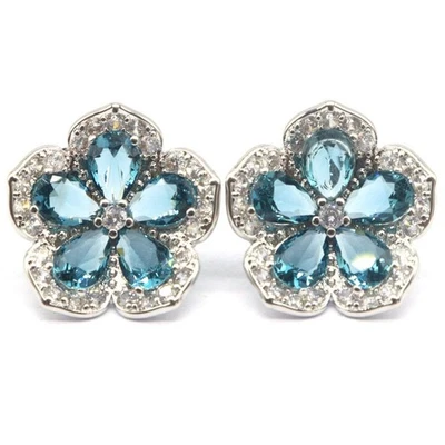 Buy 3 Get 1 Free New Designed London Blue Topaz CZ Flowers Gift Silver Earrings - Image 1 of 3