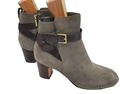 Botines Clark's para mujer gris/taupe gamuza tacón cuero marrón acento talla 10 Foto 1 de 4