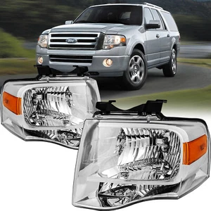 For 2007-2014 Ford Expedition Chrome Housing Amber Corner Headlight Headlamp Set - Picture 1 of 7