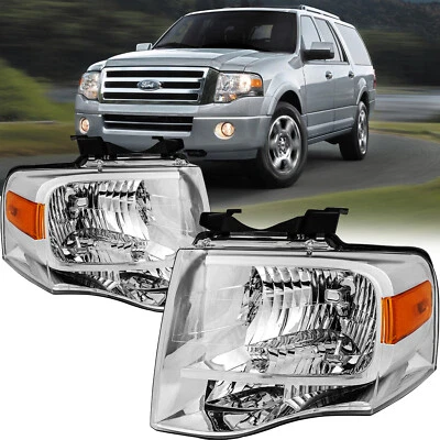 For 2007-2014 Ford Expedition Chrome Housing Amber Corner Headlight Headlamp Set - Image 1 of 4