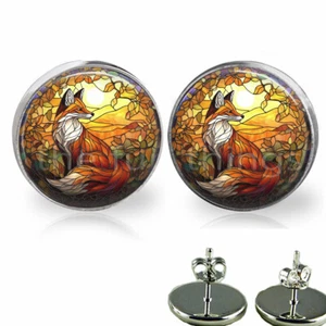 Faux Stained Glass Art Print Autumn Red Fox Stud Earrings Hypoallergenic 3 Sizes - Picture 1 of 5