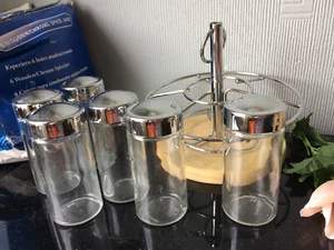 Set of 6 Glass Jars & Rack Wooden Carousel Spice/Herbs Codiments Bottles Kitchen - Picture 1 of 20