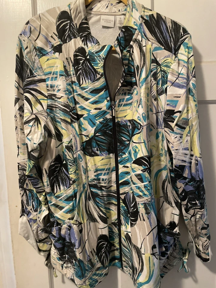 Chaqueta Chico’s Talla 3 Azul Verde Beige Estampado Tropical Cremallera Frontal Foto 1 de 1