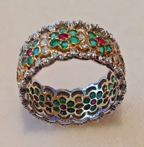 Anillo MARIO BUCCELLATI Oro 18K 2 Colores, Diamantes Esmeraldas Rubis Firmado - Imagen 1 de 10