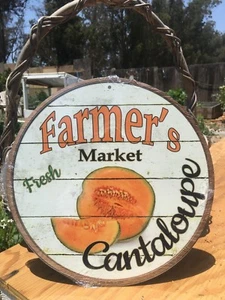 Farmers Market Fresh Cantaloupe Round Sign Vintage Garage Bar Decor Old Rustic - Picture 1 of 1
