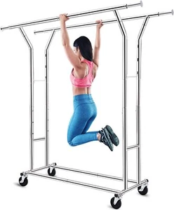 400LBS Heavy Duty Commercial Clothing Garment Rack Rolling Collapsible Chrome US - Picture 1 of 8