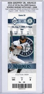 Ken Griffey Jr HR #623 BOBBLEHEAD DAY 2009 Mariners Rays 8/7 Full Ticket ICHIRO