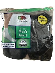 Fruit of the Loom 6 Pairs Men's Ankle Socks Size 6-12 -Black - MADE IN USA - IRR