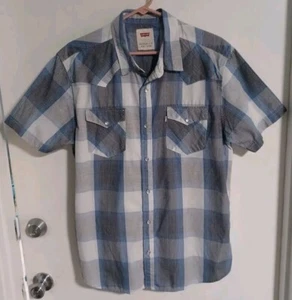 Levi's Plaid Shirt Size Large Blue Gray Pearl Snap Short Sleeve 2 Pocket Western - Picture 1 of 5