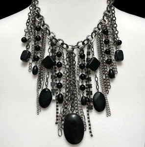 Chunky Chain Fringe Necklace Black Stone Dangle Rhinestone Bib Heavy Punk Goth - Picture 1 of 11