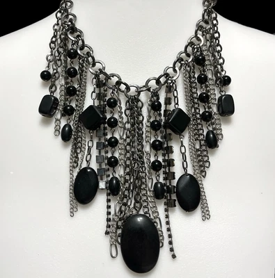 Chunky Chain Fringe Necklace Black Stone Dangle Rhinestone Bib Heavy Punk Goth - Image 1 of 4