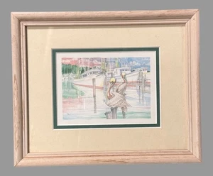 Vintage Paul Brent Pelican Dock Harbor Scene Framed Print - Picture 1 of 8