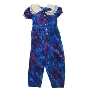 Vintage 80s Girls 4T Blue Floral Print Lace Collar Jumpsuit Jumper One Piece USA - Picture 1 of 7