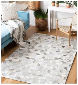 Cowhide Natural Hair on Patch Work Leather Modern Carpet Room AA67 - Picture 1 of 9
