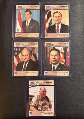 5 DESERT STORM 1991 Pro Set, George Bush 79 Saddam Hussein 69 Cheney. Powell, +1 - Image 1 of 4