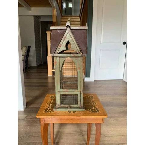 Vintage Wood Free Standing Bird Cage Chicken Wire Metal Roof Cover