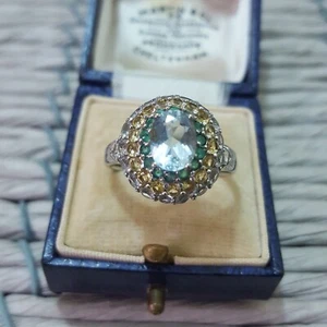 925 Sterling Silver Ring, Multi Gemstones Ring, Aquamarine, Emerald,Size U US 10 - Picture 1 of 8