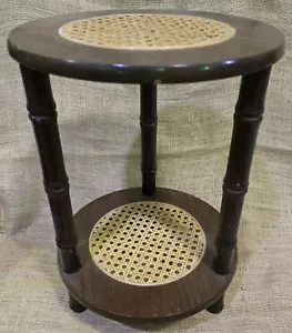 Vintage Wood w/ Wicker Rattan Top Plant Stand Side Table 16" tall 11.5" Diameter - Picture 1 of 7
