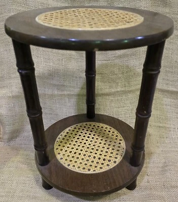 Vintage Wood w/ Wicker Rattan Top Plant Stand Side Table 16" tall 11.5" Diameter - Image 1 of 4