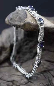 14K LabCreated 14k White Gold Plated SAPPHIRE & DIAMOND Tennis Bracelet 6.5'' - Picture 1 of 6