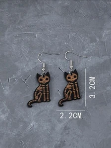 Womens Halloween Cat Skeleton Drop Earrings - Picture 1 of 3