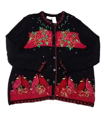 Christmas Cardinal Sweater 18w 20W Holly Red Black Bird Plus White Stag - Image 1 of 4