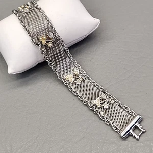 Vintage Goldette Mesh Bracelet Imitation Seed Pearl Accents Silver Tone Chain 7" - Picture 1 of 17