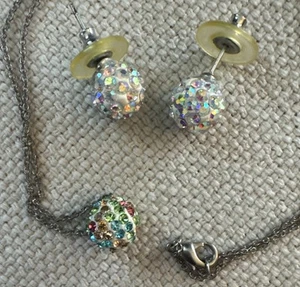 Vtg  Costume Necklace Multicolor Spinner Ball Silver Tone. Earrings Clear Ball - Picture 1 of 5