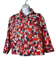 Ruby Rd Women's Jacket Coat Size 12 Red Blue Ivory Pockets Lightweight Button Up - Picture 1 of 10