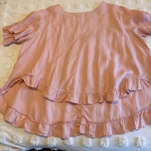 Worthier Linen Blouse Top Sz S M 10 12 Pink VGC light Ruffle Hem Party Casual - Picture 1 of 3