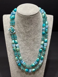 Bead Necklace Vtg *READ HongKong Plastic Blue Aqua Ombre Flower Closure 2 Strand - Picture 1 of 24