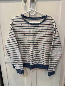 Pact Women's sweatshirt Heart Blue Stripe Print Crewneck Cotton Large - Picture 1 of 9