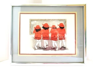 Vintage Small Ed J. Toohey Framed Art Print 4 Girls in Red Outfits Signed - Picture 1 of 6