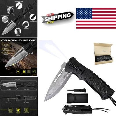 EDC Tactical Damascus Folding Pocket Knife with LED Light and Fire Starter - Image 1 of 4