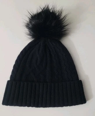 Gorro halógeno 100 % cachemir puro tejido con cable pompón con puños súper suave para mujer Foto 1 de 3
